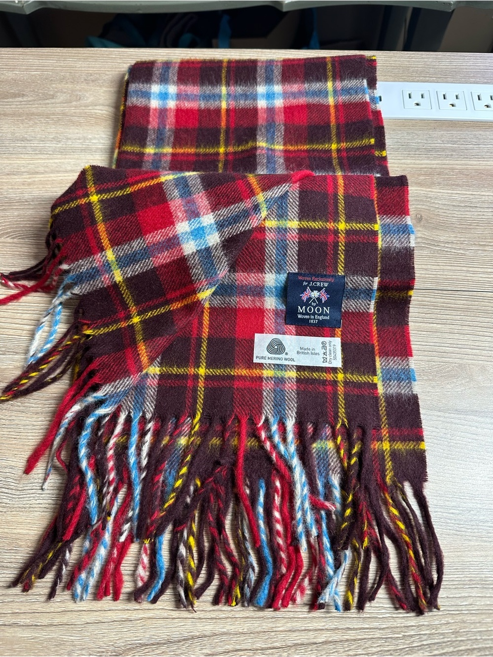 J. Crew x Moon Merino Wool Red Plaid Scarf Wrap England 19in x 69” NWOT